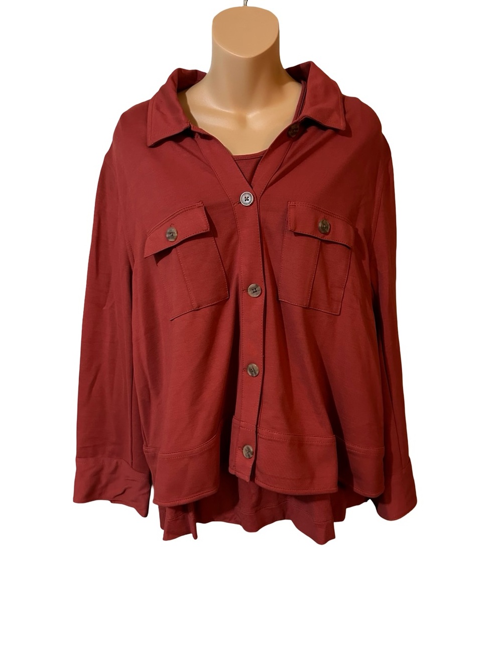 J. Jill 2 Piece Set Layered Tank Button-Front Shirt Jacket in Deep Red Cozy Fall